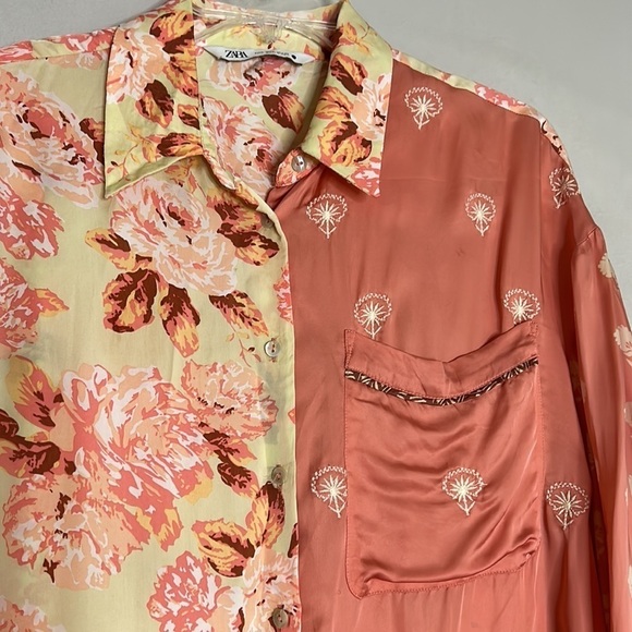 Zara Silia embroidered silky boho floral button down long sleeve beach large - Picture 4 of 7
